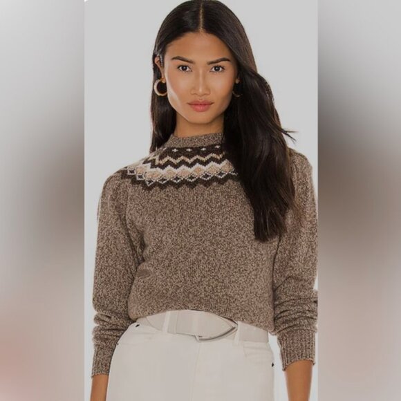 FRAME Fair Isle Crew Sweater XXS Hot Cocoa Cashmere Fairisle Mushroom - Picture 2 of 6